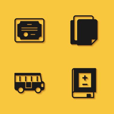 Sertifika şablonunu, Matematik Kitabı, Okul Otobüsü ve Dosya belge simgesini uzun gölgeli olarak ayarla. Vektör