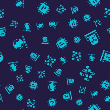 Küresel teknolojiyi, radyoaktif uyarı lambasını, işlemci işlemcisini ve tıbbî hapı kusursuz şablona göre ayarla. Vektör