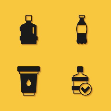 Büyük şişeyi temiz suyla, su filtresi kartuşunu ve uzun gölgeli bir şişe ikonu hazırla. Vektör