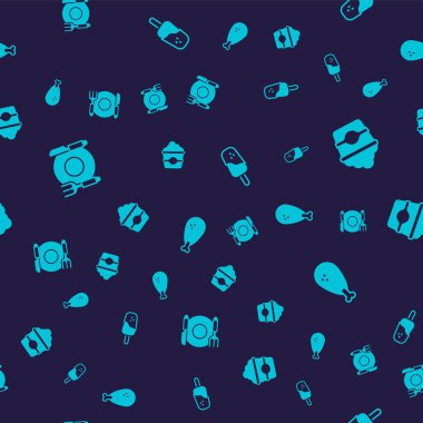 Tabak, çatal ve bıçak, mukavva kutuda patlamış mısır, dondurma ve tavuk budu kusursuz desenli. Vektör