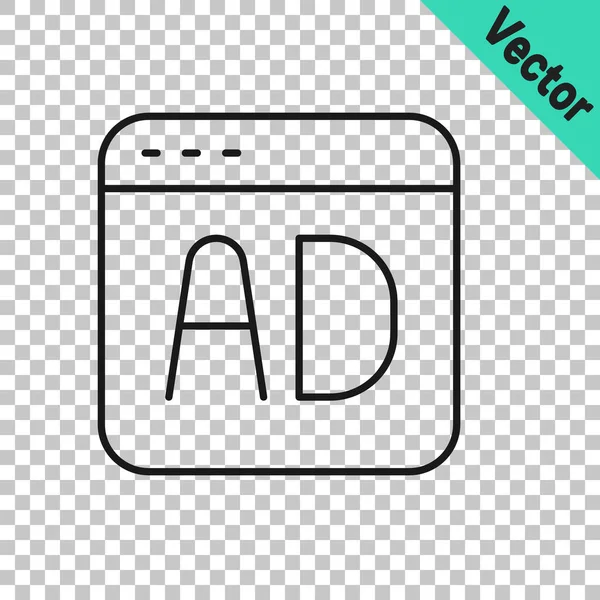 Schwarze Linie Werbe-Symbol isoliert auf transparentem Hintergrund. Konzept des Marketing- und Werbeprozesses. Reaktionsfähige Anzeigen. Werbung in den sozialen Medien. Vektor — Stockvektor
