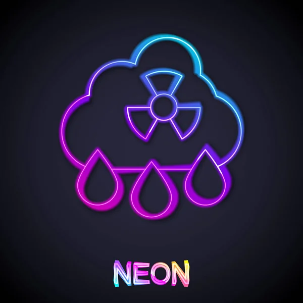 Világító neon vonal Savas eső és radioaktív felhő ikon elszigetelt fekete háttérrel. A mérgező levegőszennyezés környezetre gyakorolt hatásai. Vektor — Stock Vector