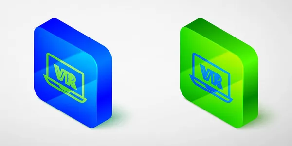 Izometrikus vonal Virtuális valóság ikon elszigetelt szürke háttér. Futurisztikus VR head-up display design. Kék és zöld négyzet gomb. Vektor — Stock Vector
