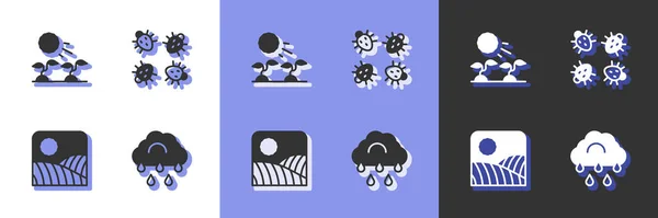 Establecer nube con lluvia, brotes de plantas crecen el sol, Agricultura granja de campo de trigo y el icono del escarabajo de Colorado. Vector — Vector de stock