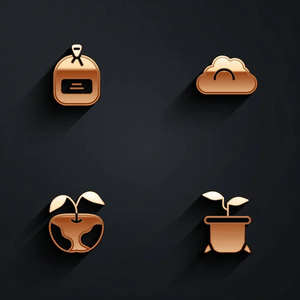 Set Pack full av frön, molnigt väder, äpple och plantera i kruka ikon med lång skugga. Vektor — Stock vektor
