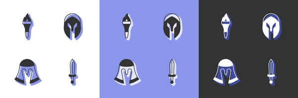 Set Espada medieval, llama de la antorcha, casco e icono. Vector — Vector de stock