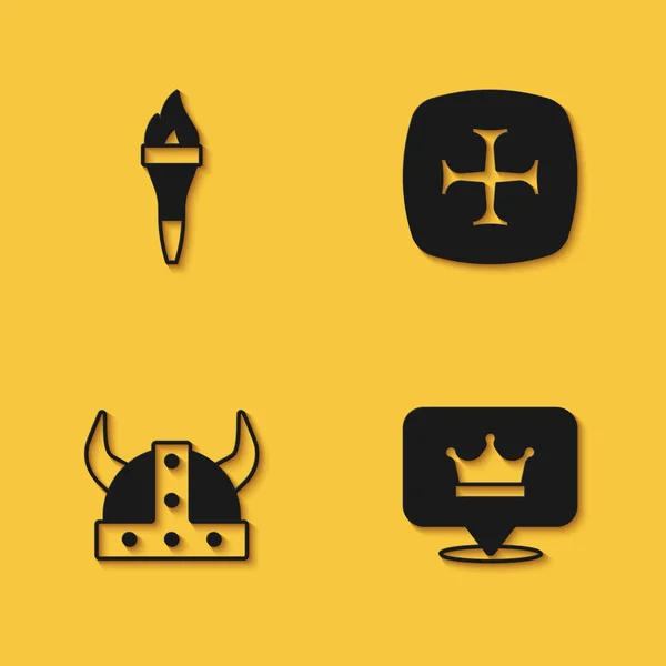 Set Torch flame, King crown, Viking horned helmet and Crusade icon with long shadow. Vector — Stock Vector