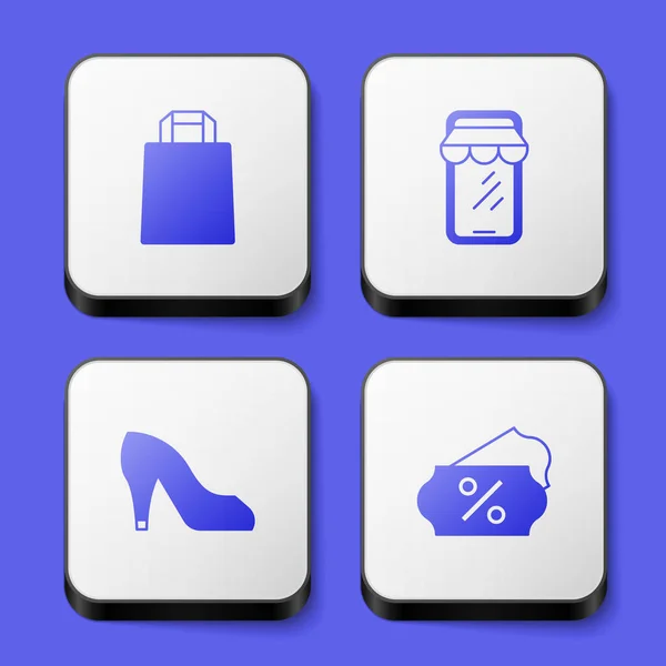 Set Papier boodschappentas, Online op telefoon, Vrouw schoen en korting procent tag icoon. Witte vierkante knop. Vector — Stockvector