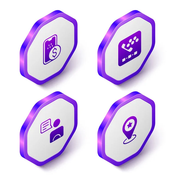 Set Isometric Mobile banking, Taxi call telephone service, driver and Location with star icon. Purple hexagon button. Vector — Stock Vector