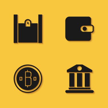 Kağıt alışveriş çantası, banka binası, kripto para Bitcoin ve uzun gölgeli cüzdan ikonu. Vektör