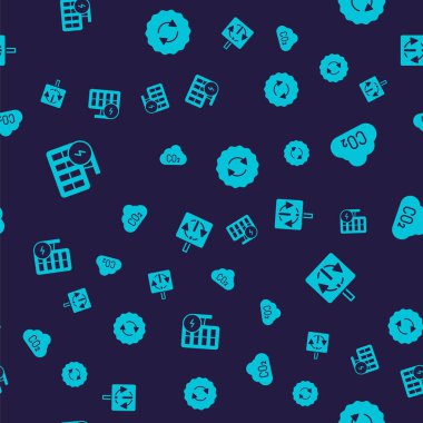 Güneş enerjisi panelini, karbondioksit salınımını bulutta, geri dönüşüm sembolünü ve kusursuz deseni ayarla. Vektör