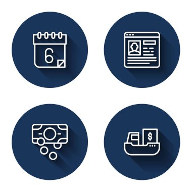 Takvim, özgeçmiş, kağıt para yığını ve uzun gölgeli kutular taşıyan kargo gemisi. Mavi daire düğmesi. Vektör