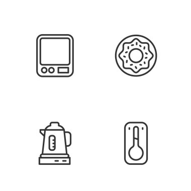 Hattı ayarla. Kahve termometresi, elektrikli çaydanlık, elektronik kahve terazisi ve çörek ikonu. Vektör