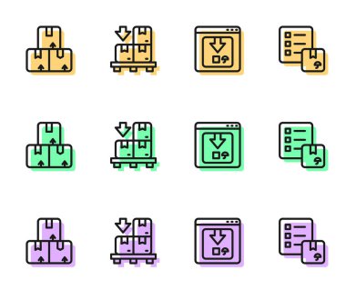 Satır Çevrimiçi uygulama dağıtım takibi, Karton karton kutu, Karton kutular paleti ve liste simgesinin doğrulanmasını ayarla. Vektör