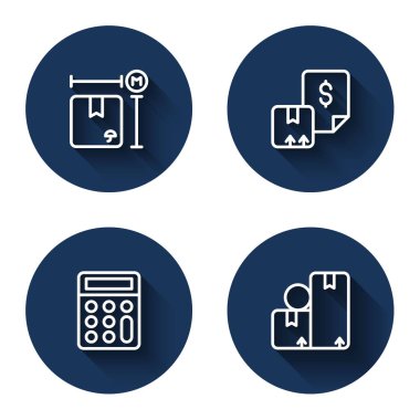 Çizgi çizgisi karton kutu ölçümü, Waybill, hesap makinesi ve uzun gölgeli karton. Mavi daire düğmesi. Vektör