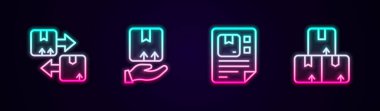 Trafik sembollü karton kutu, teslimatçı el, Waybill ve karton karton. Parlayan neon ikonu. Vektör