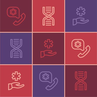 Acil yardım hattı 911 'i ara, Cross hastanesi sağlık ve DNA sembolü ikonu. Vektör