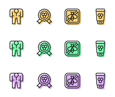 Line Stop Beeper, Beekeeper kostümü, Bal Ödülü ve bal ikonlu kozmetik tüp. Vektör