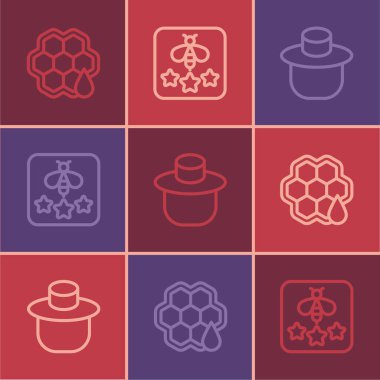 Hattı ayarla, bal peteği, koruyucu şapkalı arıcı ve arı ikonu tipi. Vektör