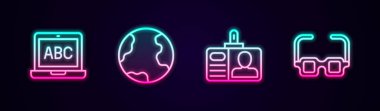 Dizüstü bilgisayar, dünya küresi, kimlik kartı ve gözlük ayarla. Parlayan neon ikonu. Vektör