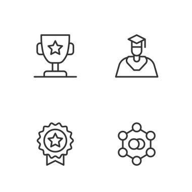 Molekül serisi, yıldız madalyası, ödül kupası ve mezuniyet şapkası ikonu. Vektör