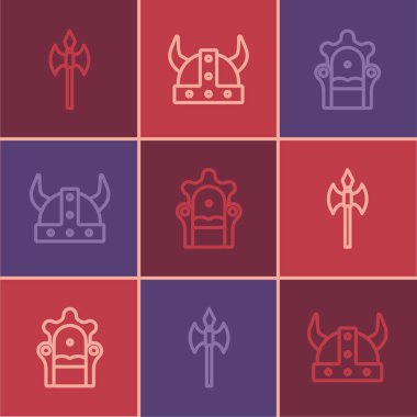 Ortaçağ baltası, taht ve Viking boynuzlu miğfer ikonu. Vektör