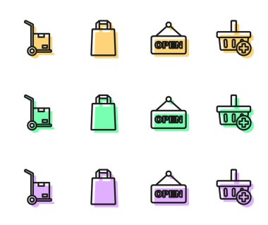 Satır asma işaretini açık, el arabası ve kutular, kağıt alışveriş torbası ve alışveriş sepeti simgesine ekle. Vektör