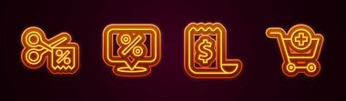 Satır Makas indirim kuponunu, indirim yüzde etiketini, kağıt çeki ve mali çeki kes ve alışveriş arabasına ekle. Parlayan neon ikonu. Vektör