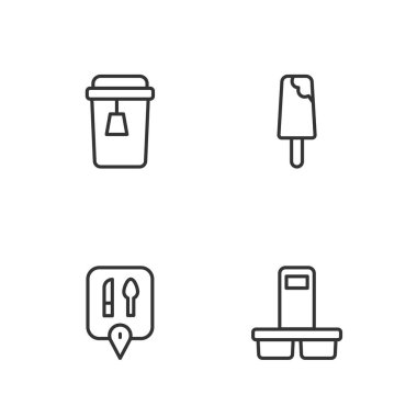 Kahve fincanını hazır et, kafe ve restoran konumu, fincan çayı ve dondurma ikonu. Vektör