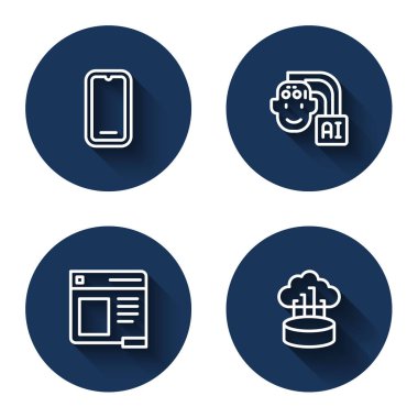 Hat hattı cep telefonu, İnsansı robot, Tarayıcı penceresi ve uzun gölgeli ağ bulut bağlantısı kur. Mavi daire düğmesi. Vektör