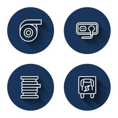 Halat rulo yapıştırıcı bant, elektrik prizi, elektrik kablosu makarada ve uzun gölgeli panel ayarlayın. Mavi daire düğmesi. Vektör