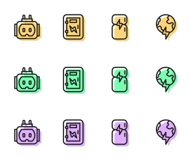 Buzdolabını, Tee prize elektriği, elektrik panelini ve yıldırım ikonlu Global Planet 'i ayarla. Vektör