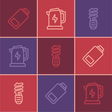 Hattı şarj et, LED ampul ve elektrikli su ısıtıcısı ikonu. Vektör