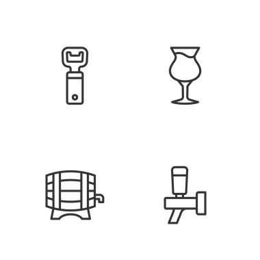 Çizgi bira musluğu, tahta fıçı, şişe açacağı ve bir bardak bira ikonu. Vektör