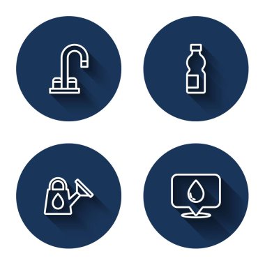 Hattı kurun su musluğu, bir şişe su, su kovası ve uzun gölgeli bir yere bırakın. Mavi daire düğmesi. Vektör