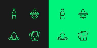 Su testisini filtre, damla, bir şişe su ve kartuş simgesiyle ayarla. Vektör