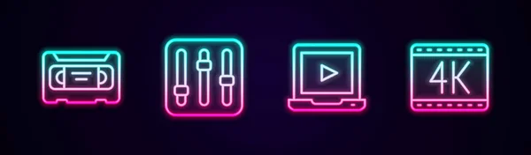 Establecer línea VHS cinta de vídeo, Controlador de mezclador de sonido, Reproducción en línea y película 4k. Icono de neón brillante. Vector — Vector de stock