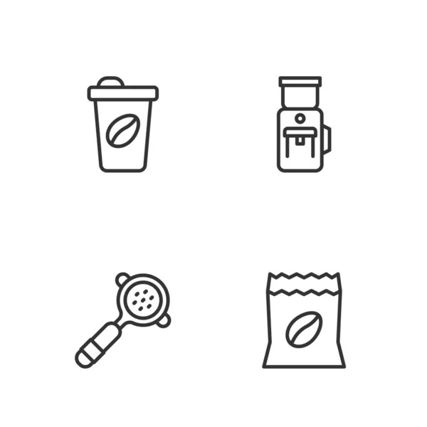 设置行一袋咖啡豆，咖啡滤嘴，杯子去电研磨机图标。B.病媒 — 图库矢量图片