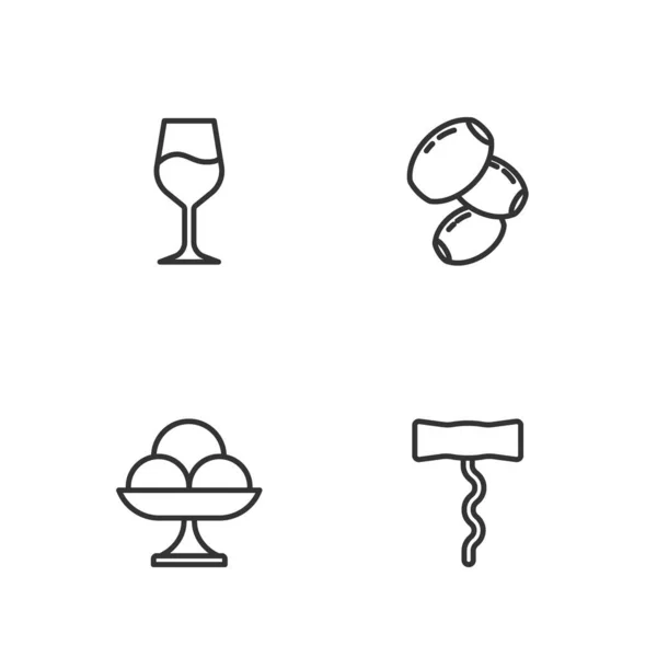 设置系列葡萄酒软木塞螺丝,冰淇淋碗,杯子和橄榄图标.B.病媒 — 图库矢量图片