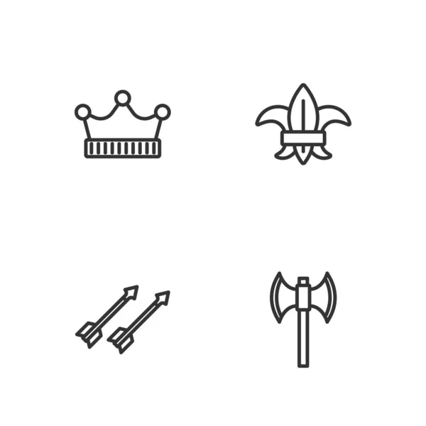 Set line Medieval poleaxe, arrows, King crown and Fleur de lys or lily flower icon. Vector — Stock Vector