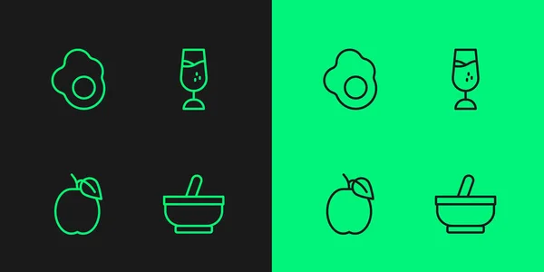 Setzeile Mörser und Stößel, Pflaumenfrüchte, Rührei und Weinglas-Symbol. Vektor — Stockvektor