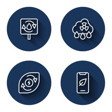 Geri dönüşüm hattı temiz su, asit yağmuru radyoaktif bulut, su enerjisi ve uzun gölgeli cep telefonu. Mavi daire düğmesi. Vektör