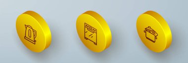 Isometric hattı elektrik ısıtıcısı, fırın ve tencere simgesini ayarla. Vektör