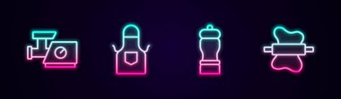 Mutfak kıyma makinesi, önlük, Pepper ve Rolling pin hamuru. Parlayan neon ikonu. Vektör