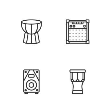Hat Afrika perküsyon davulu, Stereo hoparlörü, darbuka ve Gitar amplifikatörü ikonu ayarlayın. Vektör