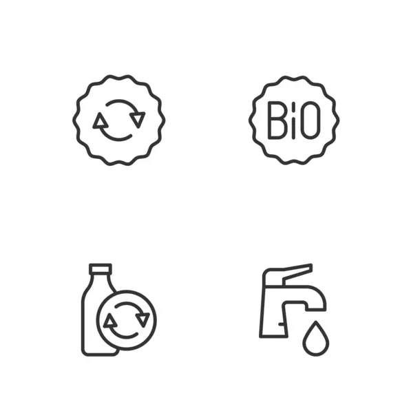 Imposta linea Rubinetto dell'acqua, Riciclaggio bottiglia di plastica, Riciclare simbolo e banner per bio icona. Vettore — Vettoriale Stock