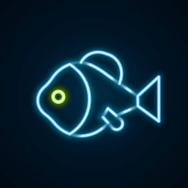 Parlayan neon hattı. Siyah zemin üzerinde balık simgesi izole edildi. Renkli taslak konsepti. Vektör