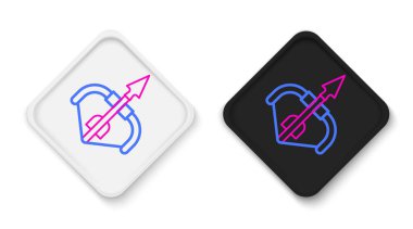 Beyaz arka planda izole edilmiş çizgi ortaçağ yayı ve ok ikonu. Ortaçağ silahı. Renkli taslak konsepti. Vektör