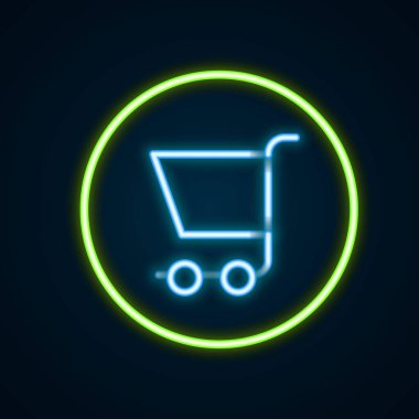 Parlayan neon hattı alışveriş arabası simgesi siyah arka planda izole edildi. İnternetten satın alma konsepti. Servis tabelası. Süpermarket sepeti sembolü. Renkli taslak konsepti. Vektör