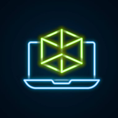 Parlayan neon hattı 3D modelleme simgesi siyah arkaplanda izole edildi. Artırılmış gerçeklik mi yoksa sanal gerçeklik mi? Renkli taslak konsepti. Vektör